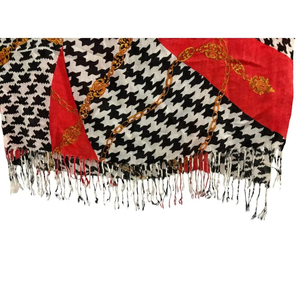 Red Silky Feel Scarf Multi Pattern Houndstooth Chain Links 100% Nylon Oblong